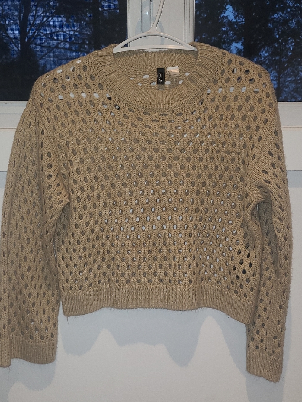 Divided Open-Weave Crewneck Sweater in Tan Size Small.